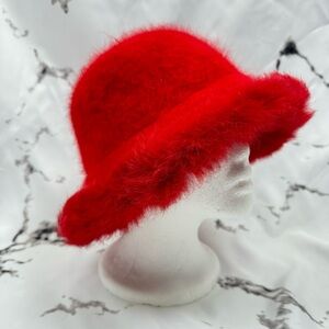 C. C. Cheveaux Angora Bucket Hat Vintage 90's Bright Red Fur Trim